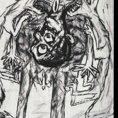 Rysunek wykonany węglem, dwa wilki pożerające człowieka