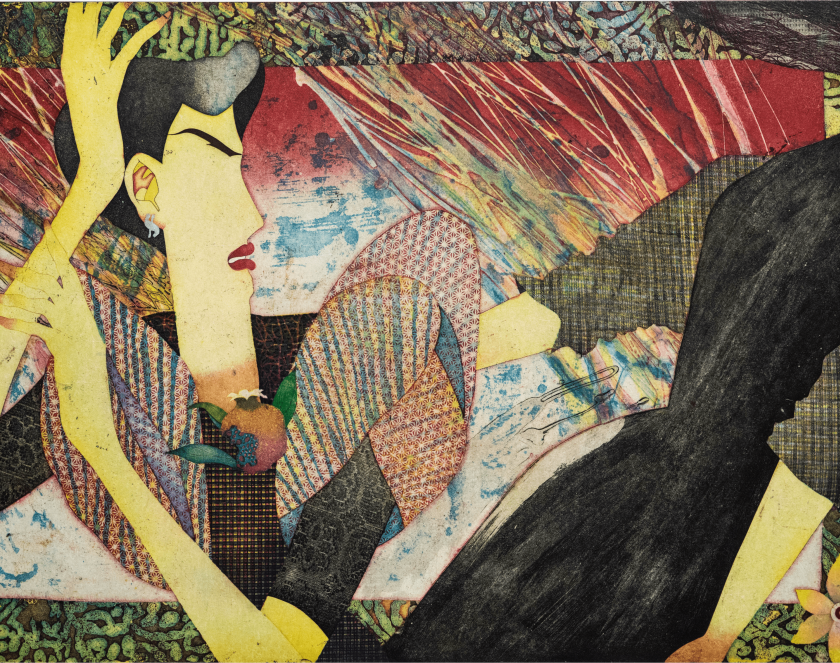 Portret kobiety zbudowanej z kolorowych figur geometrycznych