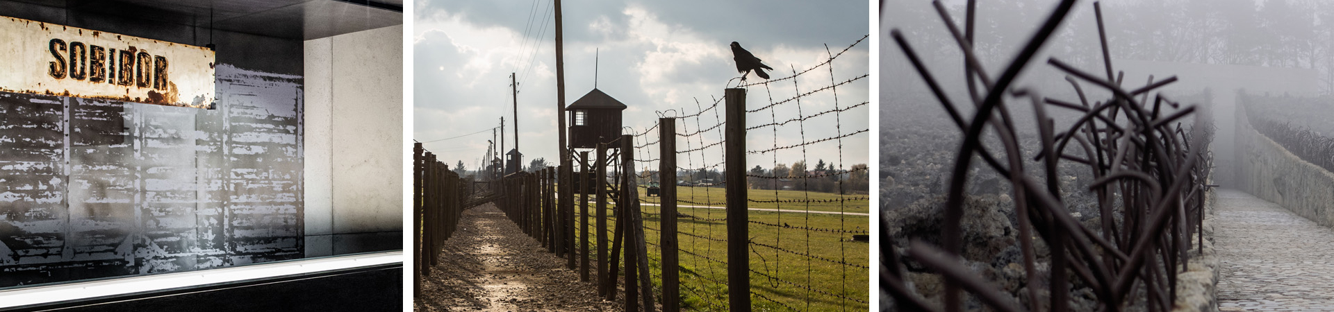 Kolaż zdjęć: wystawa stała w Muzeum i Miejscu Pamięci w Sobiborze, teren byłego niemieckiego obozu koncentracyjnego na Majdanku oraz teren pomnika w Muzeum i Miejscu Pamięci w Bełżcu.