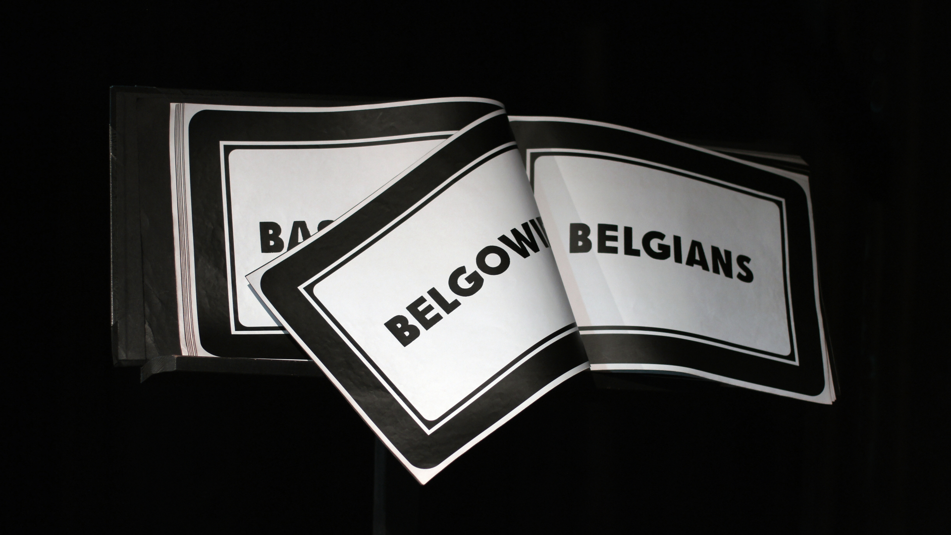 Otwarta książka, na kartach po lewej stronie napis BELGOWIE, po prawej BELIANS. Strony obramowane czarnymi pasami. Tło czarne. 
