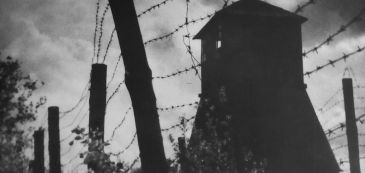 Czarno-białe zdjęcie. Poprzez druty kolczaste widać z prawej strony wieżę strażniczą. Z prawej strony liście 