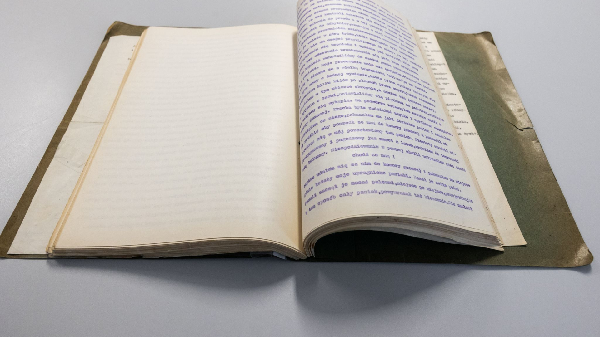 Na zdjęciu maszynopis otwarty na środku, prawa strona zapisana fioletowym tuszem, lewa pusta. Tło jasne. 