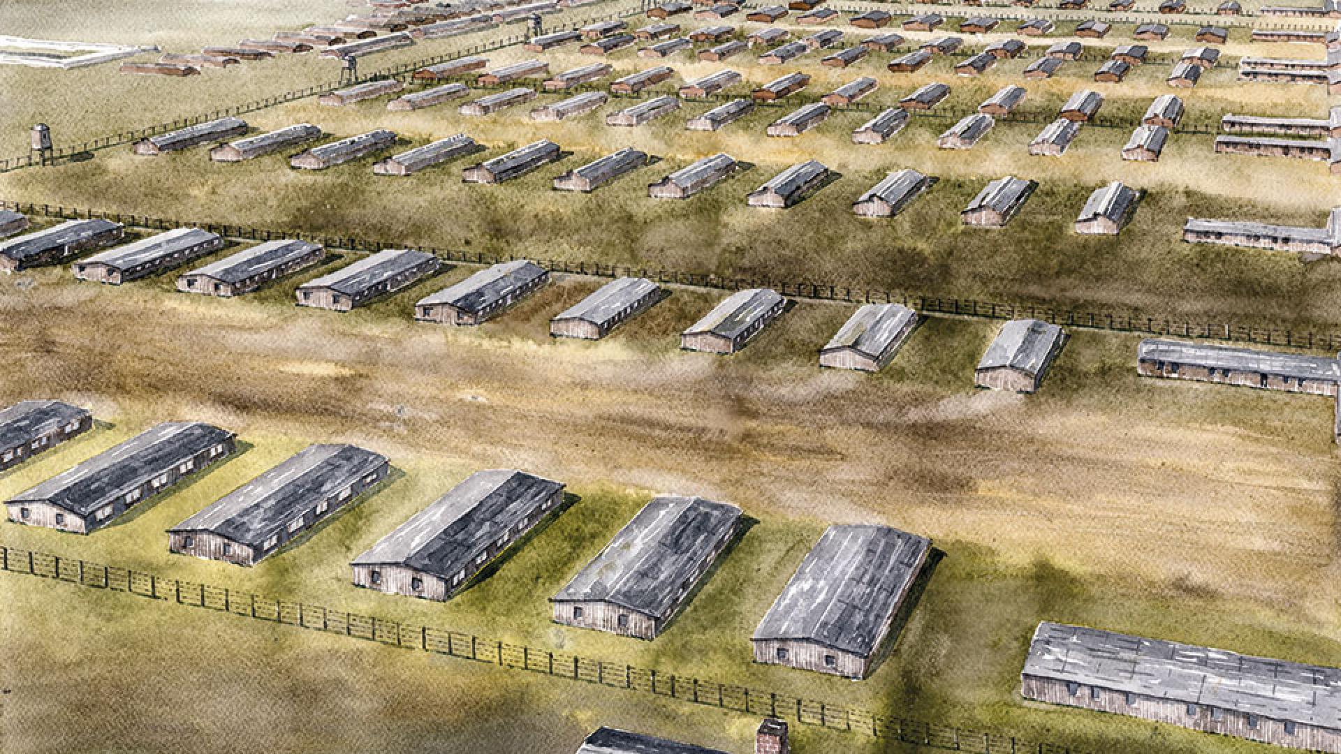 Akwarela, rzędy baraków, z przodu krematorium