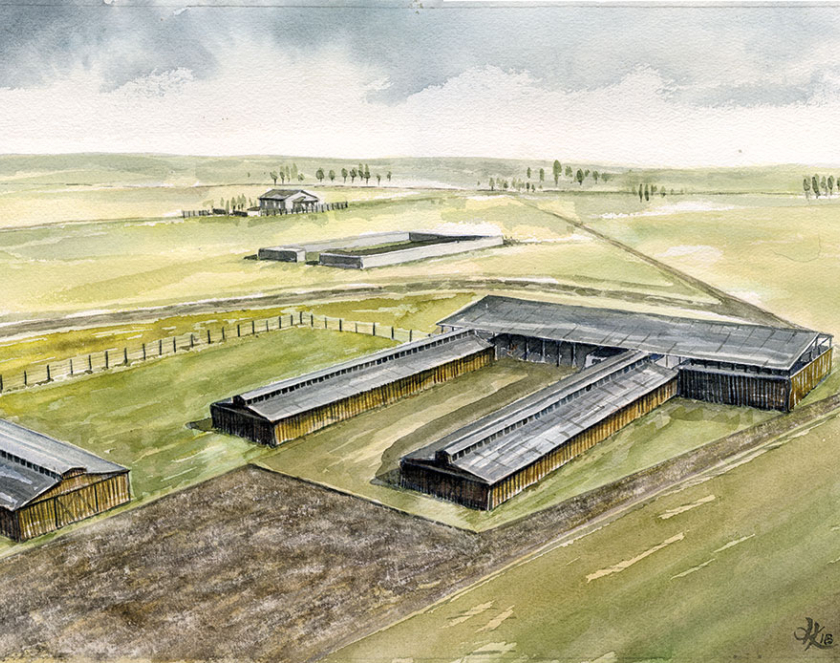 Akwarela, na pierwszym planie barak drewniany w kształcie litery F