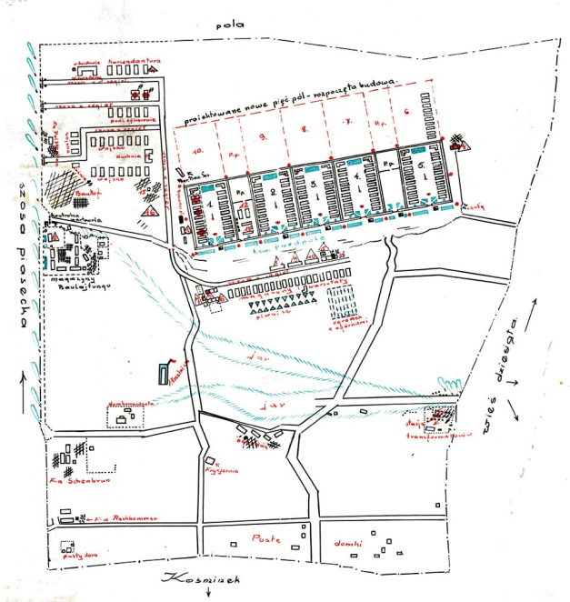 Mapa, rysunek, plan obozu koncentracyjnego oraz przylegające do niego pola. 