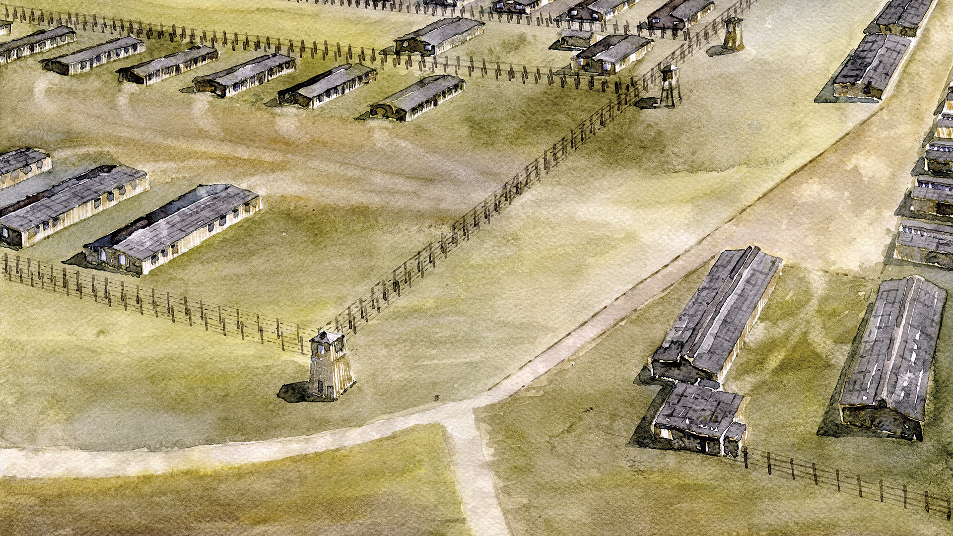 Akwarela, po lewej o po prawej braki oddzielone drogą, widok z góry 