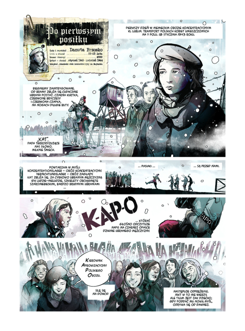 Zbiór rysunków przestawiających kobiety na terenie obozu koncentracyjnego, na środku strony wielki napis KAPO