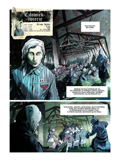 dwa rysunki przedstawiające kobiety ubrane w pasiaki we wnętrzu drewnianego baraku