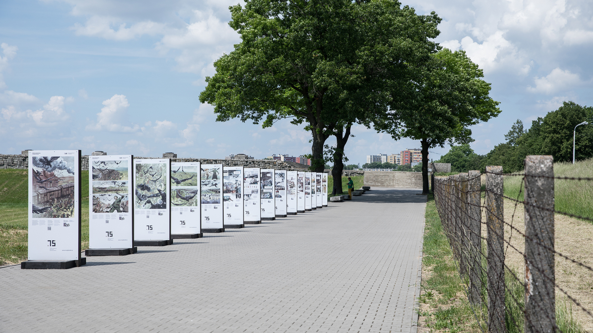 Zdjęcie współczesne, na środku droga, po lewej stronie wystawa plenerowa na tablicach, po prawej ogrodzenie z drutu kolczastego. W tle drzewa