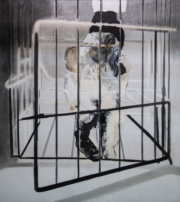 Klatka, w niej nieokreślona sylwetka przypominająca postać ludzką