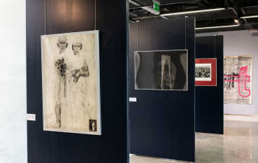 Panele wystawiennicze i zawieszone na nich grafiki oprawione w ramy 