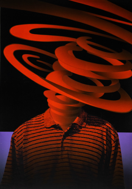 Portret postaci, głowa układająca się w czerwoną spiralę