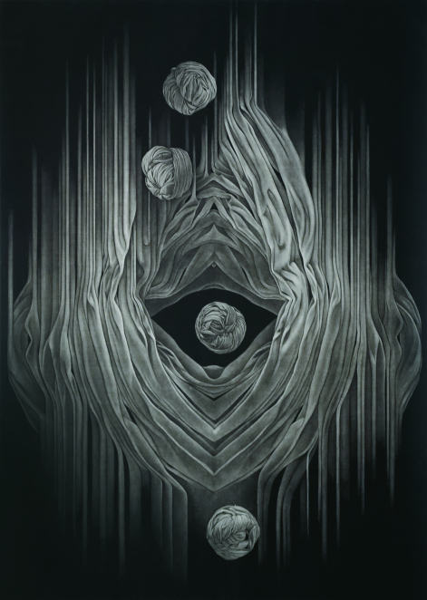 Cztery białe kule dookoła pasy rozchodzące się w centrum