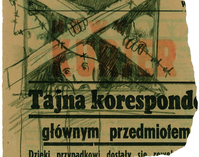 Rysunek przestawiający dwie osoby w uwiezione w wagonie, wykonany na skrawku gazety, urwany napis: Tajna korespond(encja) 