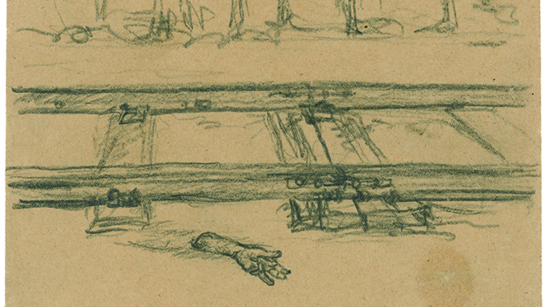 Rysunek ciemną kreską na pożółkłym papierze. Tory biegnące poziomo przez kartkę, przed nimi na ziemi leży ręka w tle kształty przypominające drzewa 