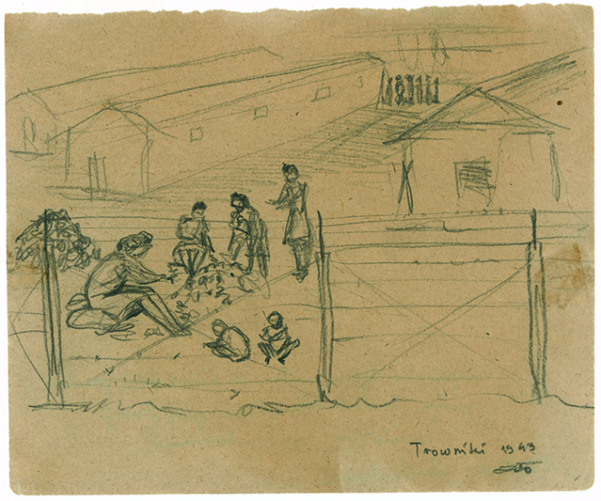 Rysunek na żółtym papierze, grupa osób za drutami kolczastymi, kilka baraków 