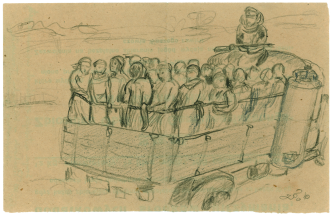 rysunek wykonany na żółtym papierze ołówkiem, grupa osób na pace samochodu ciężarowego, widoczny uzbrojony strażnik