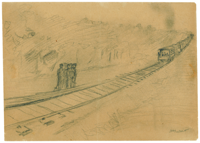 Rysunek wykonany na żółtym papierze ołówkiem, grupa osób dookoła las, widoczny zbliżający się pociąg