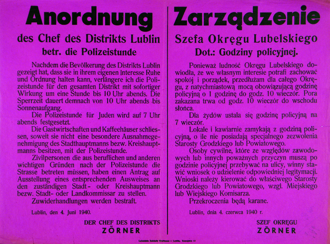 Ulotka w języku polskim i niemieckim, Zarządzenie Szefa Okręgu Lubelskiego dot.: Godziny policyjnej podpisana przez szefa okręgu Zornera
