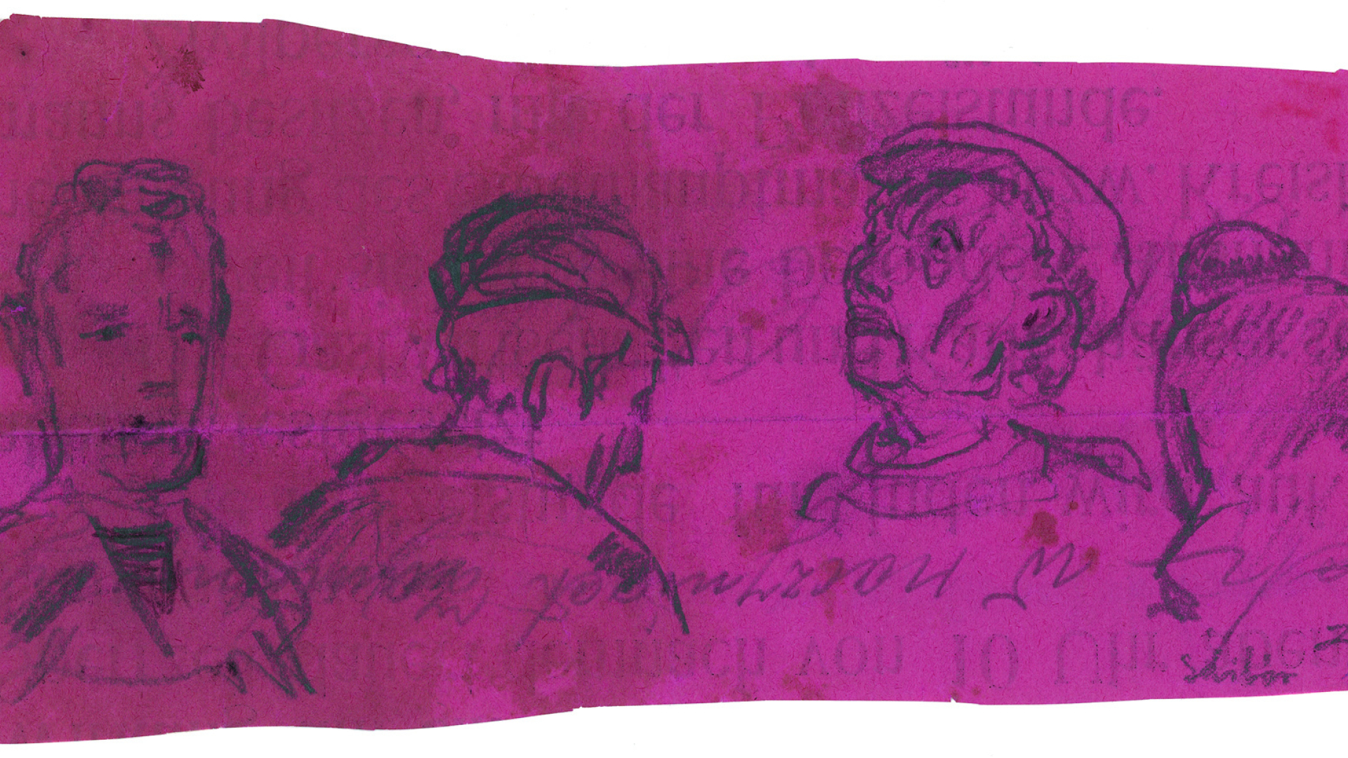 Rysunek na kartce w intensywnie różowym kolorze. Cztery postaci w ujęciu popiersia widziani z boku i tyłem