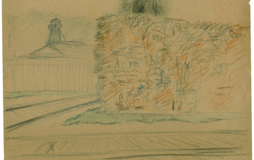 Rysunek wykonany na żółtym papierze, kredkami, wysoki żywopłot z oddali widoczna i wieża 