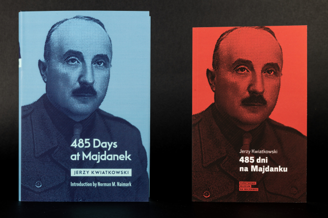 Dwie okładki książki jedna w języki angielskim (niebieska) druga polskim (czerwona), Portret mężczyzny w średnim wieku z wąsami, napis Jerzy Kwiatkowski, 485 dni na Majdanku