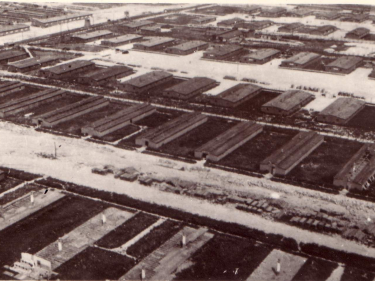 Widziane z lotu ptaka rzędy baraków