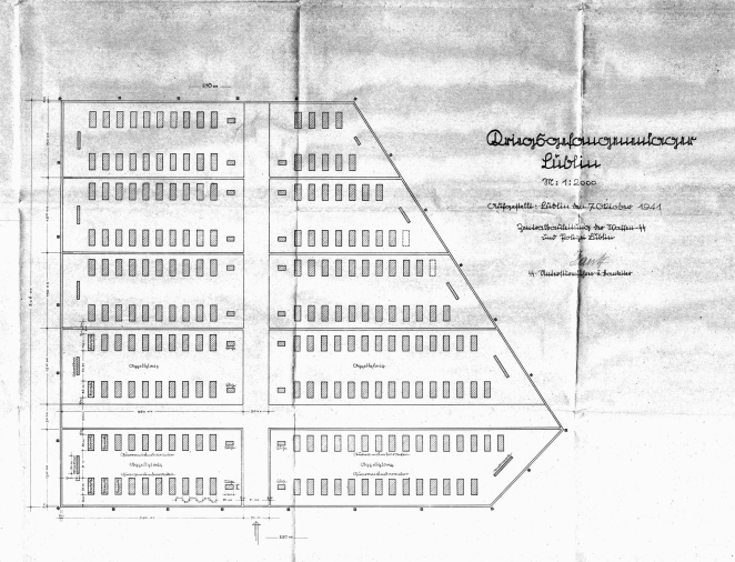 Dokument w języku niemieckim, na którym narysowano rzędy prostokątów symbolizujących baraki