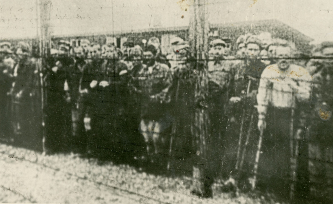 Ogrodzenie z drutu kolczastego, a za nim stłoczonych kilkudziesięciu mężczyzn. W tle parterowy, drewniany barak więźniarski