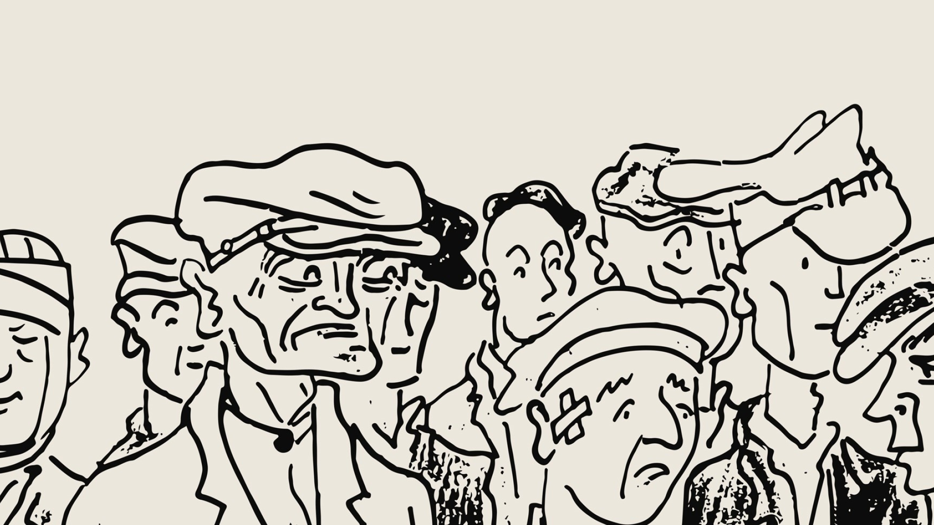 Rysunek czarna kreską na jasnym tle przedstawia tłum osób w ujęciu portretowym od barków w górę. Wszyscy w nakryciach głowy, twarze smutne, cierpiące. 