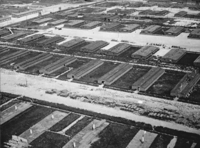 Zdjęcie lotnicze pokazujące rzędy dachów budynków