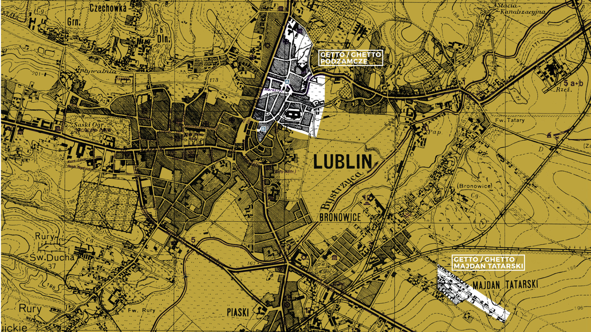 Rysunek, na żółtym tle mapa Lublina z zarysem gett