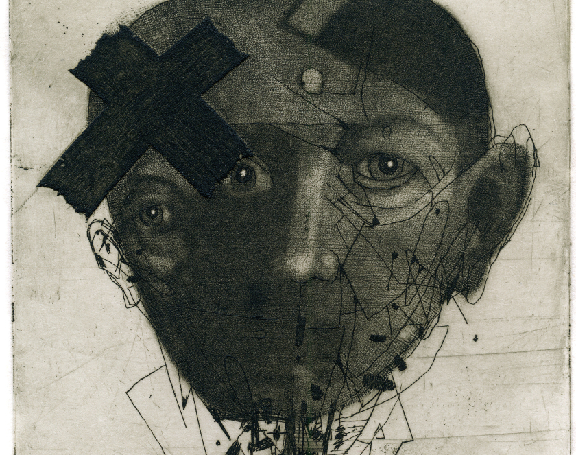 Dwie męskie głowy połączone ze sobą, na środku znak X