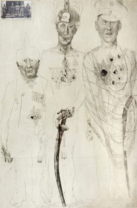 Postacie trzech mężczyzn o wyraźnie zaznaczonych twarzach, sylwetki zaznaczone konturem