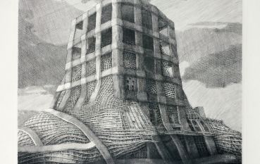 Wieża ułożona z przecinających się elementów układających się w formę siatki