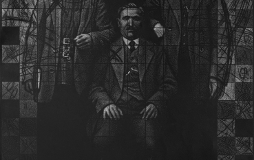 Portret trzech mężczyzn, dwóch stoi, trzeci mężczyzna siedzi na krześle 