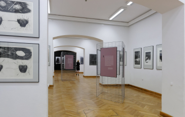 Wnętrze sali wystawienniczej, panele z treściami usytułowane na metalowych stelażach