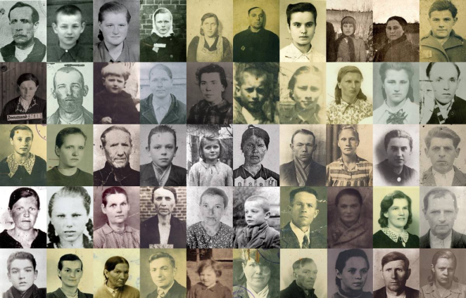 Kolaż złożony z 50 zdjęć mężczyzn, kobiet i dzieci, osób starszych i młodych.