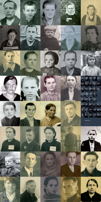 Kolaż złożony z kilkudziesięciu zdjęć mężczyzn, kobiet i dzieci w różnym wieku