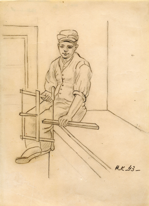 Rysunek przedstawia młodego mężczyznę w czapce i ubraniu roboczym. Trzyma on w dłoniach cienkie deski.