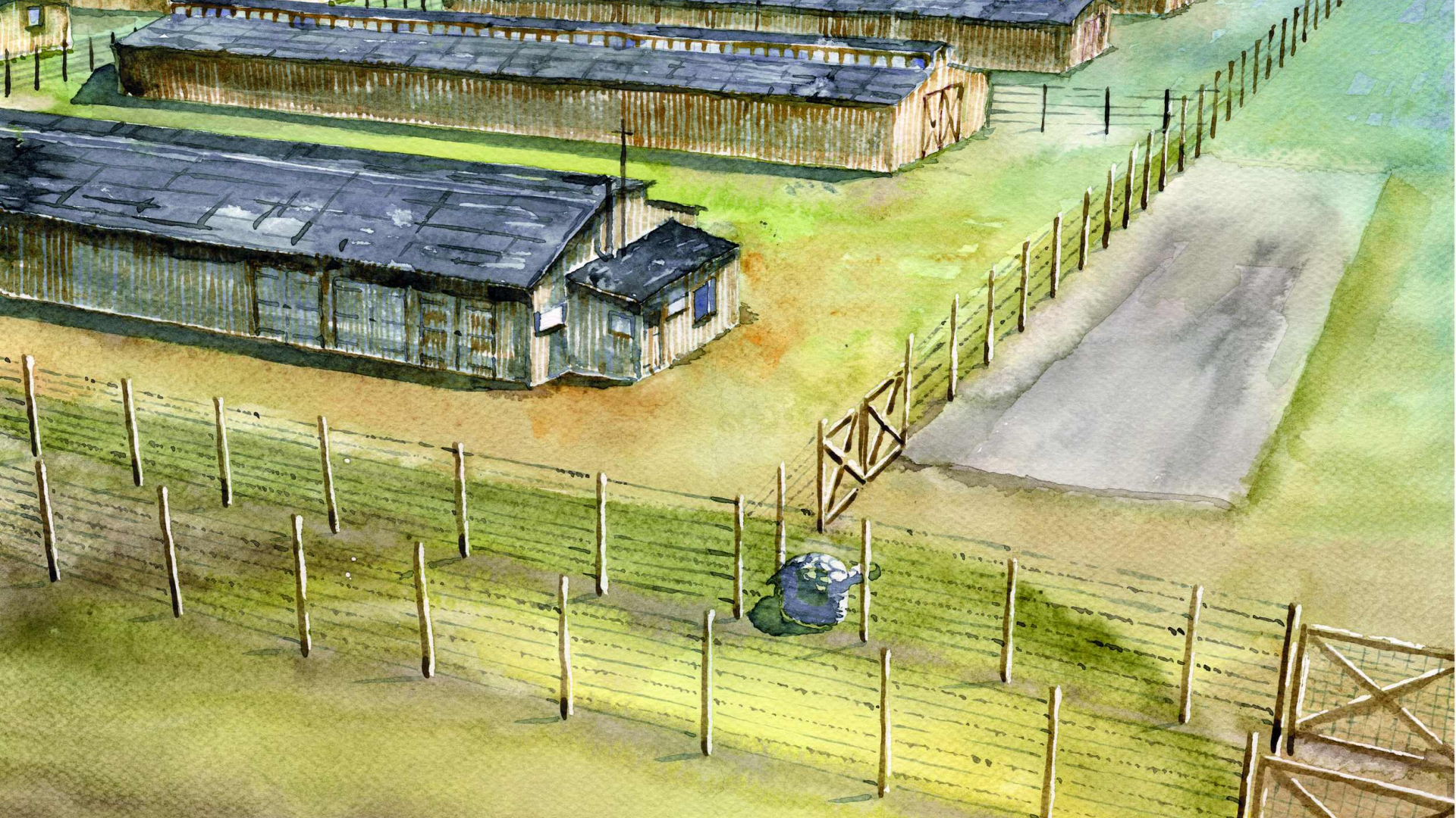 Akwarela, baraki więźniarskie, pola oraz ogrodzenie z drutu kolczastego. 