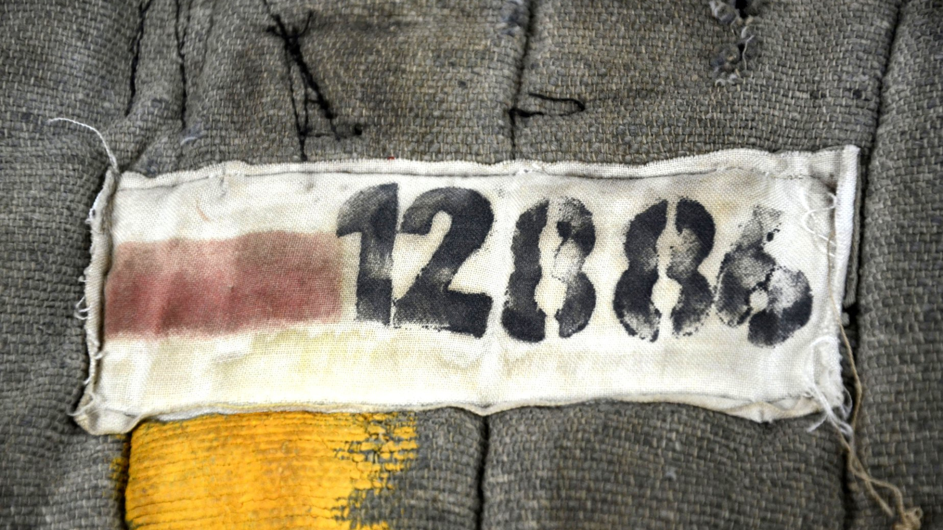 Naszywka z numerem 12886 i namalowaną flagą Polski. 