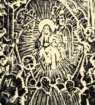 Grafika w czerni i bieli, Madonna z dzieciątkiem na rękach dookoła mężczyźni i kobiety, jeden mężczyzna na plecach posiada napis: KL 