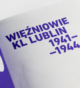 Otwarta książka, fioletowa strona oraz napis: Więźniowie KL Lublin 1941-1944
