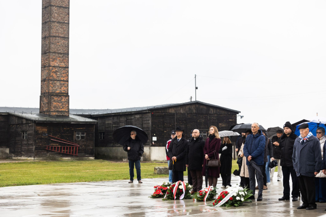 Grupa osób ubranych w zimowe ubrania, część z nich trzyma nad głowami parasole, na drugim planie Krematorium 