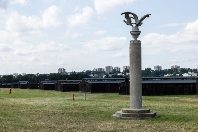 Betonowa kolumna na potrójnym postumencie zwieńczona sylwetkami trzech ptaków podrywających się do lotu  z kuli osadzonej na stożku, na drugim planie rzędy baraków więźniarskich.  