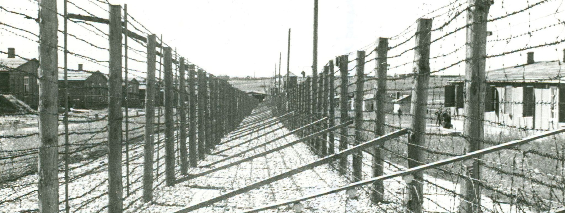 Podwójne ogrodzenie z drutów kolczastych i pionowych belek, po lewej i prawej stronie rzędy baraków więźniarskich 