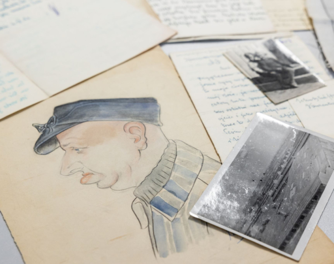 Zbiór czarno-białych zdjęć, kolorowego rysunku wykonanego akwarelą przedstawiającego więźnia oraz odręcznie napisanych listów 