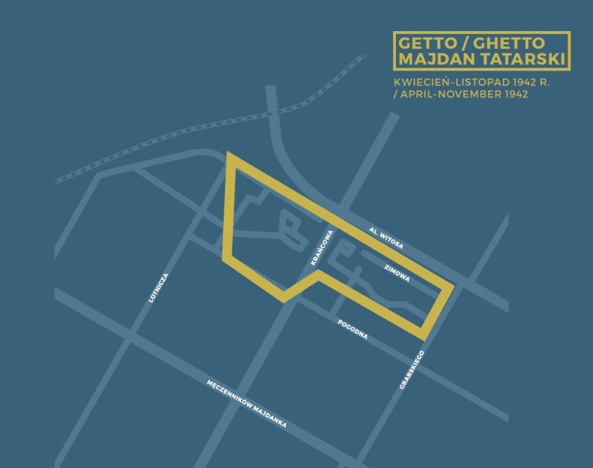 Grafika pokazująca granice getta na Majdanie Tatarskim na tle współczesnej siatki ulic