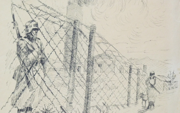 Grafika czarno-biała, postać niemieckiego żołnierza w hełmie z karabinem stojącego naprzeciw drutu kolczastego, po drugiej stronie postać żołnierza z karabinem i psem, na drugim planie wysoki komin i dym